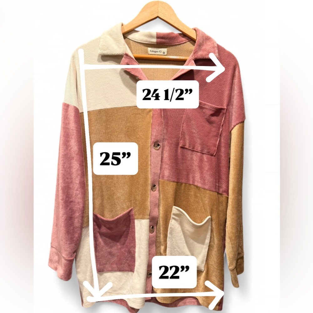 Colorblock/Patchwork Ribbed Velvet Button-Up Collared Shirt, size M - Picture 5 of 6